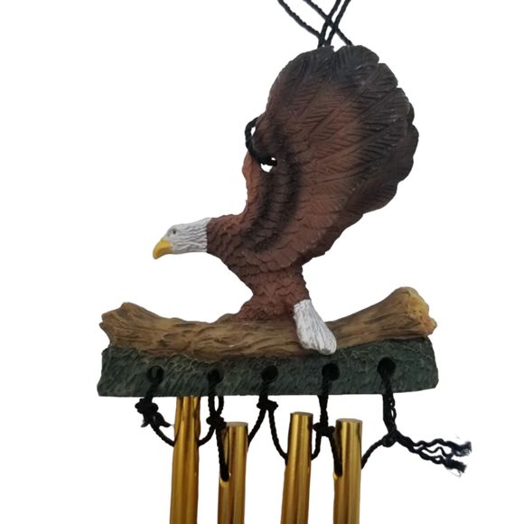 Wind Chimes Eagle Wings Spread Sunbathing on Branch Metal Rod Resin - Picture 3 of 6